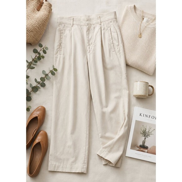 Everlane Pants - Everlane Women's 8S Short Cream Pleated Tencel Cotton Casual Loose Fit Pants